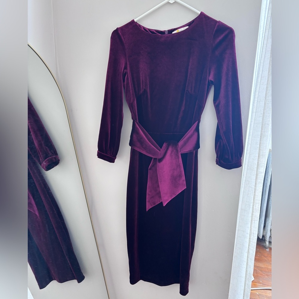 Boden Rich Burgundy Long Sleeve Velvet Dress - Picture 5 of 10